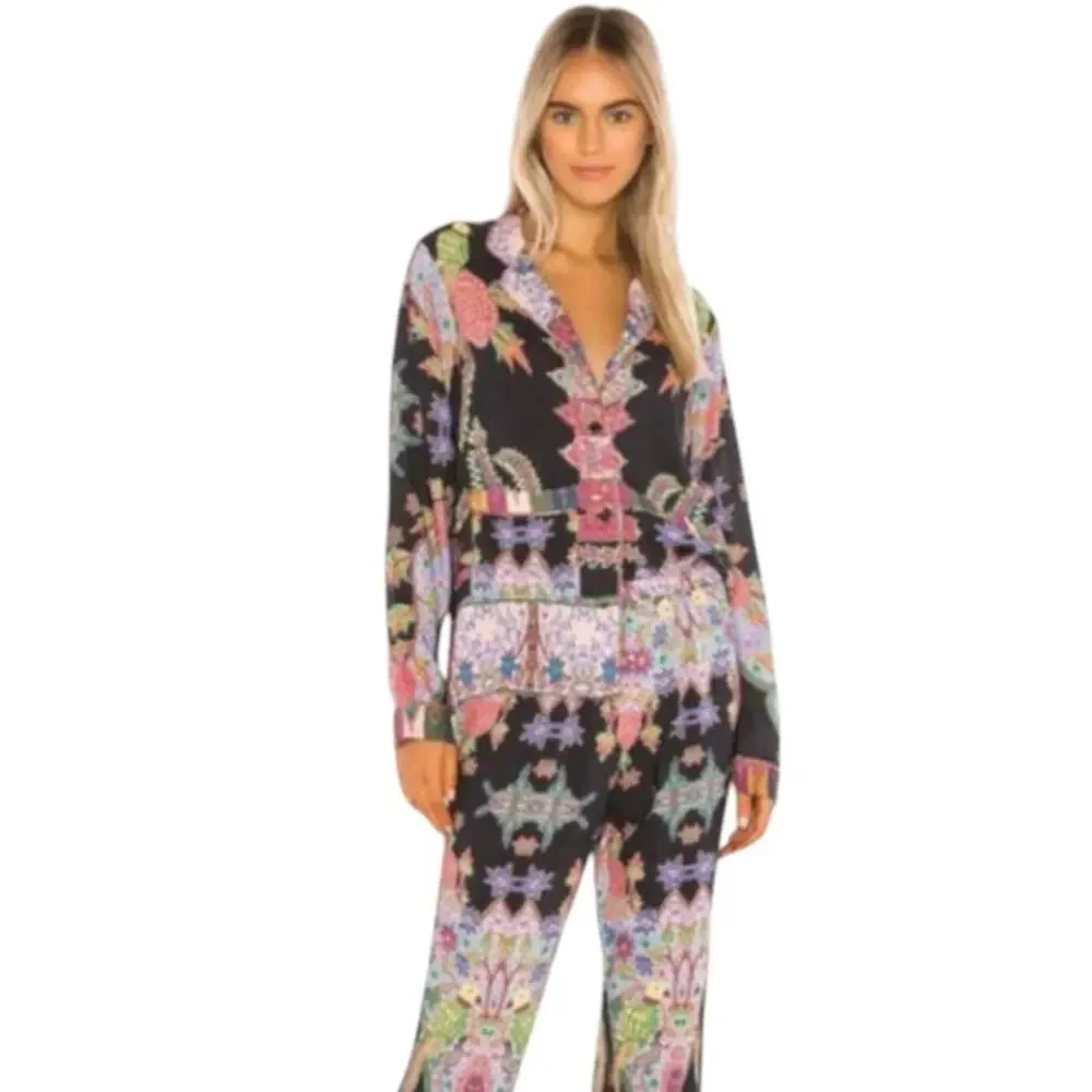 Cleobella Onyx Tropical Button Down Long Sleeve Pajama Top